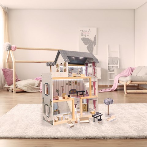 Domek dla lalek drewniany MDF mebelki 78cm biały LED
