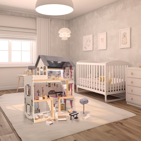 Domek dla lalek drewniany MDF mebelki 78cm biały LED