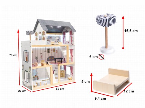 Domek dla lalek drewniany MDF mebelki 78cm biały LED