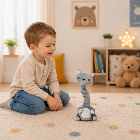 Pluszowy Tańczący Kot Zabawka Interaktywna Muzyczna Dźwięki Maskotka Szary