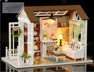 Domek dla lalek drewniany salon model do złożenia LED 8008-A