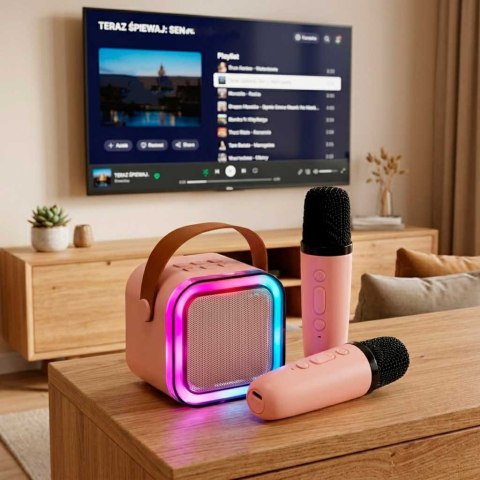 Zestaw do karaoke głośnik Bluetooth 2 mikrofony USB LED 6W różowy