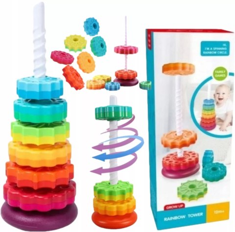 Tęczowa Wieża Piramida Montessori 6 Dysków Edukacyjna 40 cm