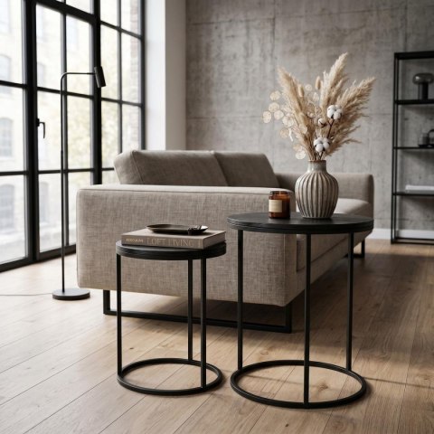 ZESTAW STOLIKÓW KAWOWYCH LOFT OKRĄGŁE BOCZNE MDF METAL 30/40CM CZARNE