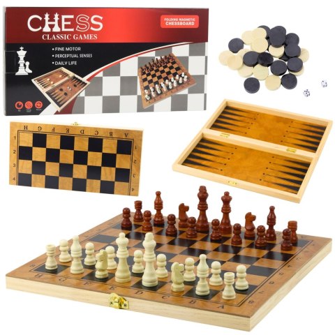 Klasyczna Gra Logiczna 3w1 Szachy Warcaby Backgammon Drewniane