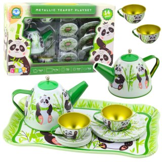 Zestaw Do Herbaty Metalowy Dzbanek Filiżanka Talerzyki Panda Zielony 14el