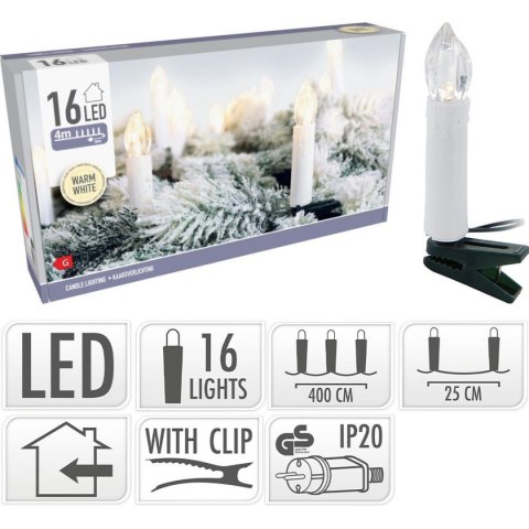 LAMPKI CHOINKOWE ŁAŃCUCH ŚWIETLNY ŚWIECZKI 16 LED CIEPŁY BIAŁY