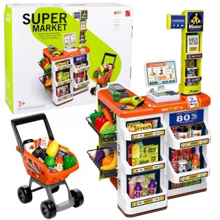 Duży Supermarket Kasa Sklepowa Wózek Skaner Akcesoria Światła Dźwięki 60el.