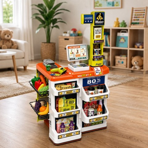 Duży Supermarket Kasa Sklepowa Wózek Skaner Akcesoria Światła Dźwięki 60el.
