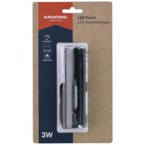 LATARKA RĘCZNA LED GRUNDIG 3W 120LM 3 TRYBY ZASIĘG 140M CZARNA