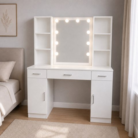 Duża Toaletka Kosmetyczna z Lustrem LED Szafki Szuflady Biała 141x114x39 cm