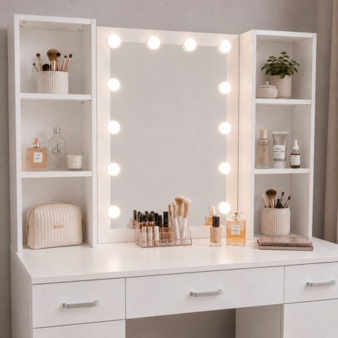 Duża Toaletka Kosmetyczna z Lustrem LED Szafki Szuflady Biała 141x114x39 cm