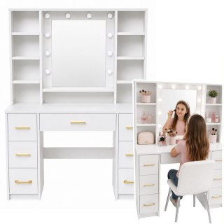 Duża Toaletka Lustro Ze Światłem LED Półki 7 Szuflad Biała 140x100x40 cm