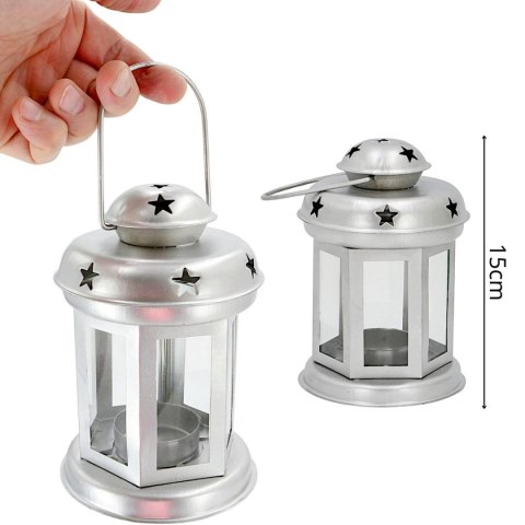 ŚWIECZNIK NA TEA LIGHT LATARENKA 15CM SREBRNA