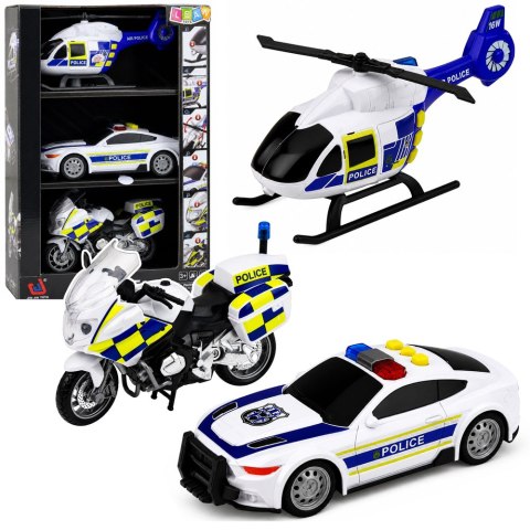 Zestaw Policyjny Helikopter Motocykl Radiowóz Światła Dźwięki 1:32