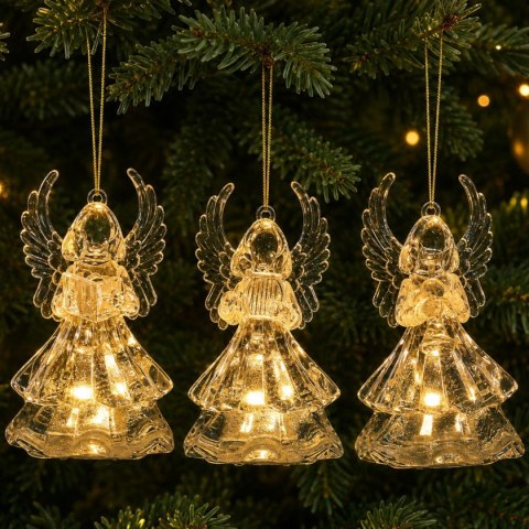 ANIOŁ DEKORACYJNY TRANSPARENTNY 9CM LED 3SZT
