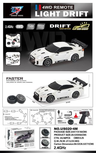 Autko R/C do Driftu 1:20 z Funkcją Świateł Biały