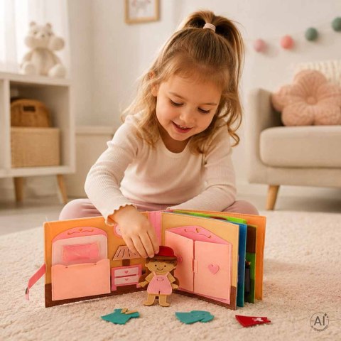 Książeczka sensoryczna edukacyjna filcowa 3D manipulacyjna ruchome elementy dom