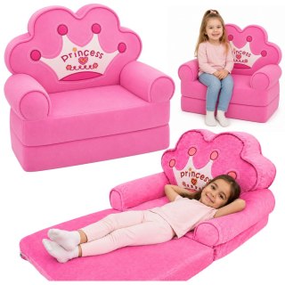 Rozkładany Fotel Sofa Leżanka z Koroną 2W1 Dla Dzieci Miękki Różowy