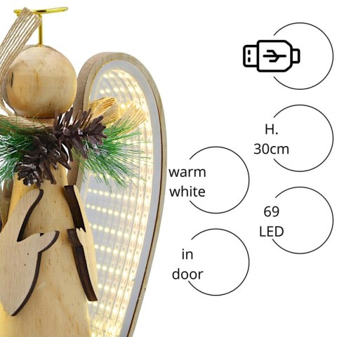 ANIOŁ DEKORACYJNY DREWNIANY LED INFINITY 30CM USB LUCA