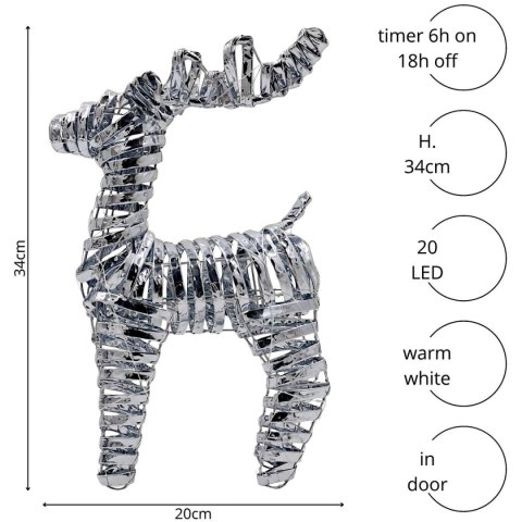 DEKORACJA RENIFER 34CM TIMER 20 LED SREBRNY