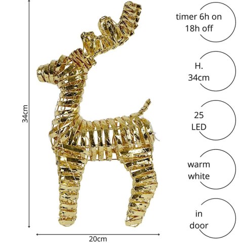 DEKORACJA RENIFER 34 CM TIMER 20 LED ZŁOTY