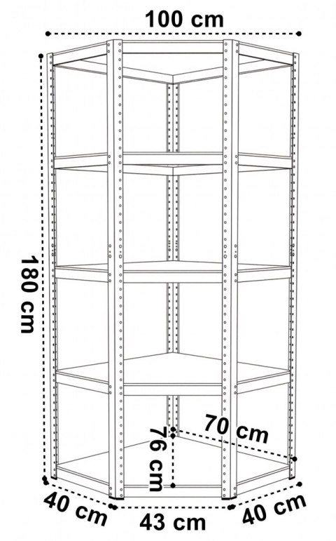 Regał magazynowy narożny 5 poziomów 180X70x40 875 kg czarny