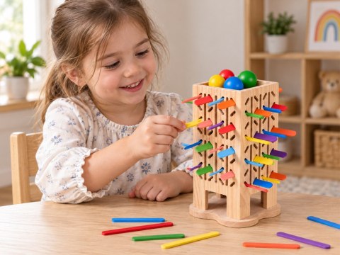 Drewniana gra zręcznościowa 5w1 - wieża, kulki, patyczki, robaczki ZA6569