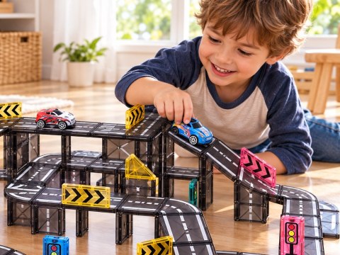 Klocki magnetyczne TOR SAMOCHODOWY 168ele + 4 auta i znaki drogowe ZA6446