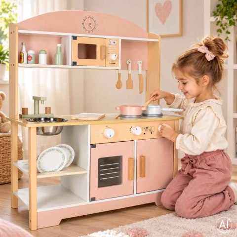 Kuchnia dla dzieci drewniana MDF MODERN CLASSIC akcesoria 82cm różowa