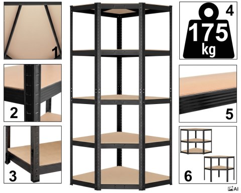 Regał magazynowy narożny 5 poziomów 180X70x40 875 kg czarny
