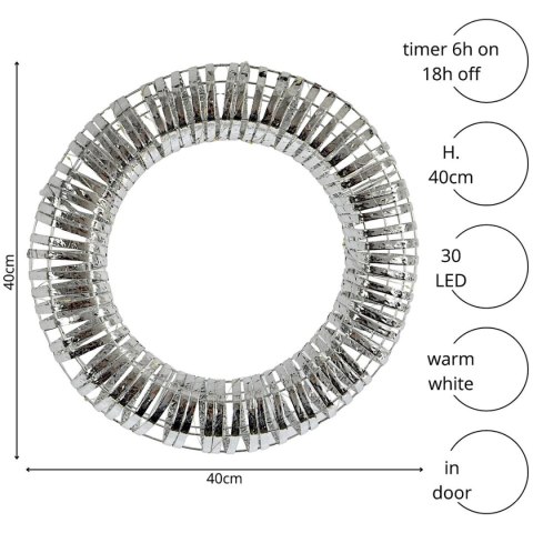 WIANEK DEKORACYJNY OPONA TIMER 30LED 40CM SREBRNY