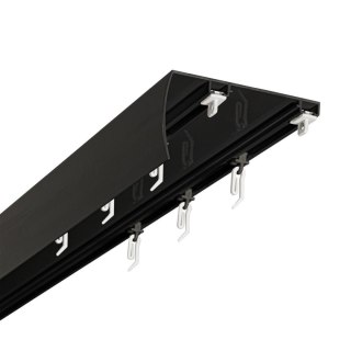 SZYNA SUFITOWA Z OSŁONĄ SZREOKI ROZSTAW MIĘDZY TORAMI 102 MM ŚLIZGI Z AGRAFKAMI 250 CM ALUMINIOWA CZARNA PODWÓJNA KOWALSKI