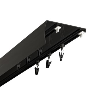 SZYNA SUFITOWA Z OSŁONĄ SZREOKI ROZSTAW MIĘDZY TORAMI 102 MM ŚLIZGI Z ŻABKAMI 300 CM ALUMINIOWA CZARNA PODWÓJNA KOWALSKI