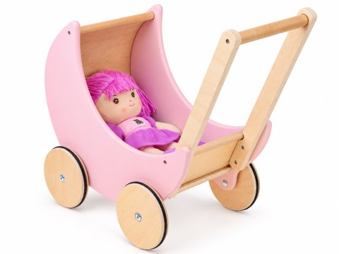 Wózek dla lalek - drewniany RETRO różowy na dużych kołach ZA6482