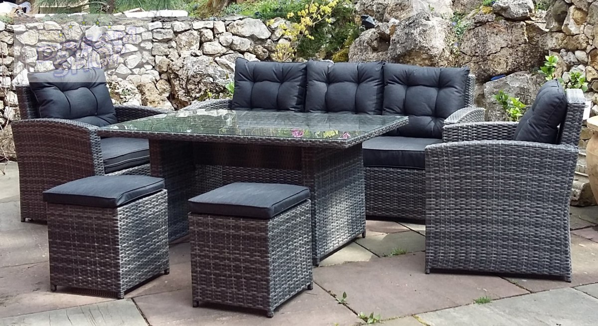 Ekskluzywne Meble Ogrodowe Rattan Wysoki Stół Pufy Szary Ekskluzywne Meble Ogrodowe Rattan Wysoki Stół Pufy Szary