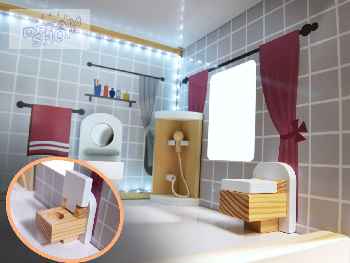 Domek dla lalek MDF drewniany z akcesoriami LED 78cm czarny Domek dla lalek MDF drewniany z akcesoriami LED 78cm czarny