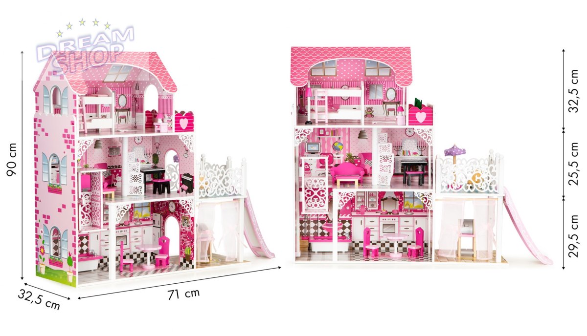 Drewniany domek dla lalek z windą xxl zjeżdżalnia ECOTOYS Drewniany domek dla lalek z windą xxl zjeżdżalnia ECOTOYS
