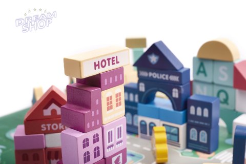 Klocki drewniane edukacyjne miasto 100el. + puzzle