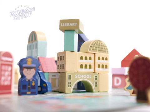 Klocki drewniane edukacyjne miasto 100el. + puzzle