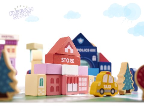 Klocki drewniane edukacyjne miasto 100el. + puzzle