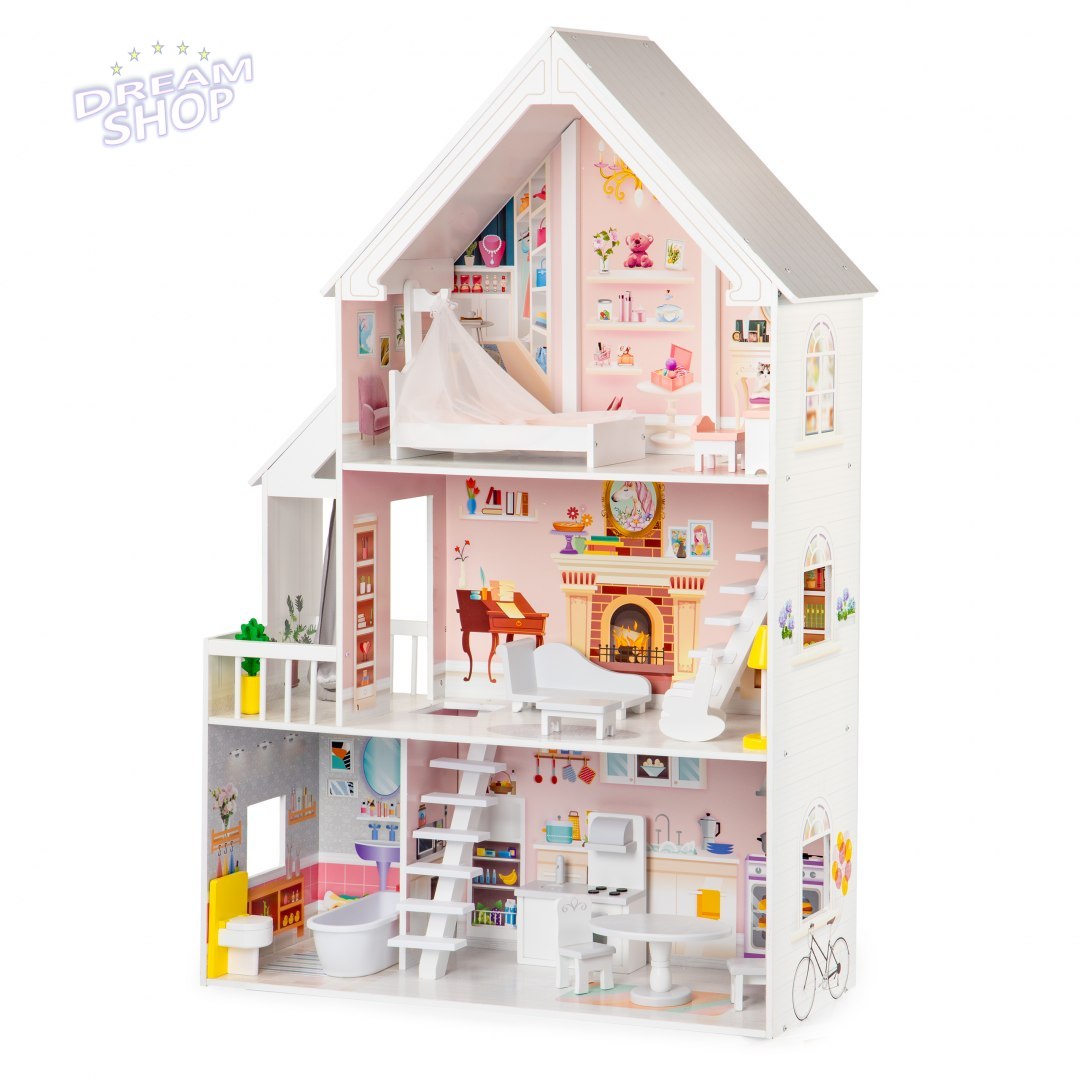Drewniany domek dla lalek xxl Rezydencja pudrowa ECOTOYS Drewniany domek dla lalek xxl Rezydencja pudrowa ECOTOYS