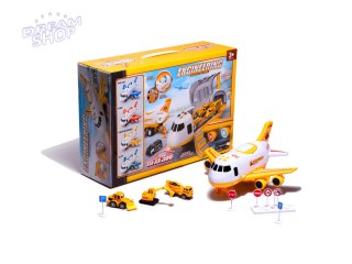 Samolot transporter z autami maszyny budowlane bok