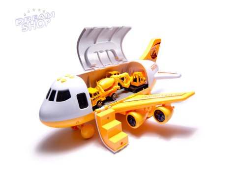 Samolot transporter z autami maszyny budowlane bok Samolot transporter z autami maszyny budowlane bok