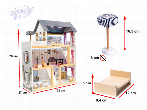 Domek dla lalek MDF drewniany z akcesoriami LED 78cm czarny Domek dla lalek MDF drewniany z akcesoriami LED 78cm czarny
