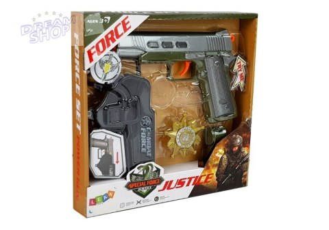 Zestaw Policyjny Pistolet 20cm Odznaka Gwizdek Kabura Efekty Świetlne Dźwięk Zestaw Policyjny Pistolet 20cm Odznaka Gwizdek Kabura Efekty Świetlne Dźwięk