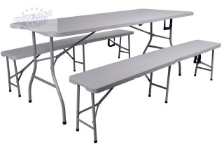 Zestaw cateringowy RATTAN stół 180cm + 2x ławka szary