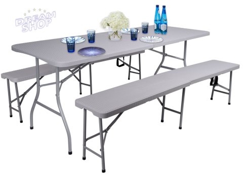 Zestaw cateringowy RATTAN stół 180cm + 2x ławka szary