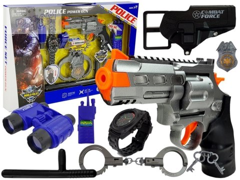 Zestaw Policyjny Pistolet Kajdanki Lornetka Gwizdek Zegarek Odznaka Zestaw Policyjny Pistolet Kajdanki Lornetka Gwizdek Zegarek Odznaka