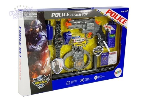 Zestaw Policyjny Pistolet Kajdanki Lornetka Gwizdek Zegarek Odznaka Zestaw Policyjny Pistolet Kajdanki Lornetka Gwizdek Zegarek Odznaka